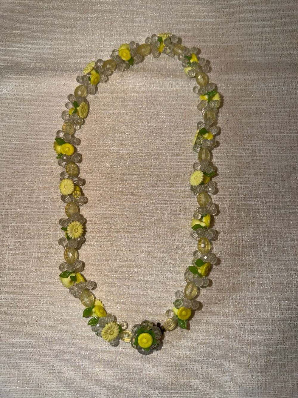 Vintage 1950s M. West Germany Lucite Flower Necklace in Lemon Yellow and Clear